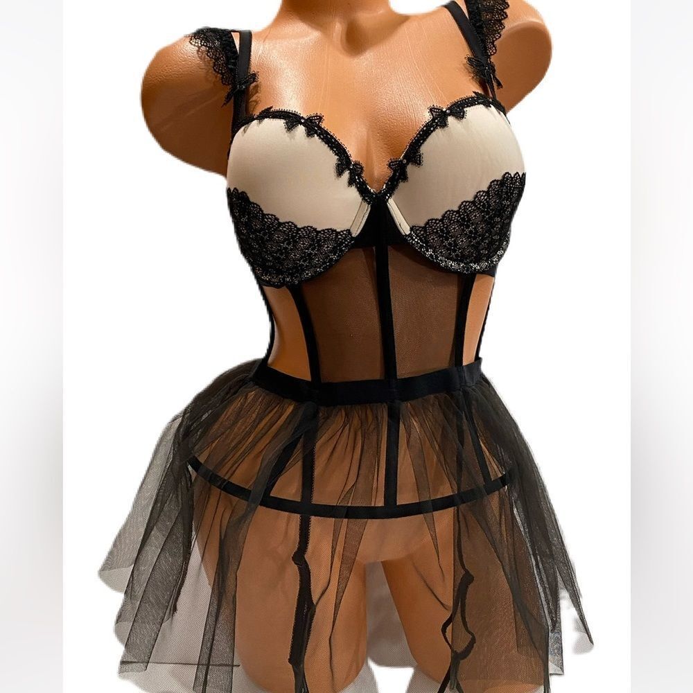 Victoria's Secret Black and Cream Lace Mesh Babydoll Chemise